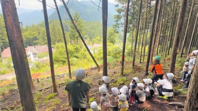 大きく傾く木を見つめる子どもたち