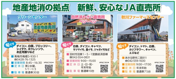 青空　台地　農の風　地産地消の拠点　新鮮、安心なＪＡ直売所