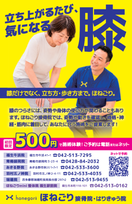 立ち上がるたび、気になる膝　膝だけでなく、立ち方・歩き方まで。ほねごり。